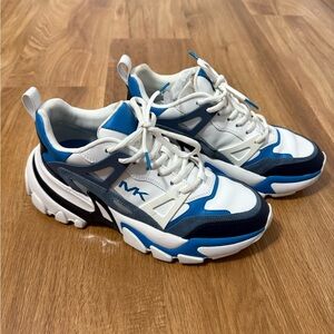 USED Michael Kors men’s Nick Trainer White and Blue Sneakers size 9
